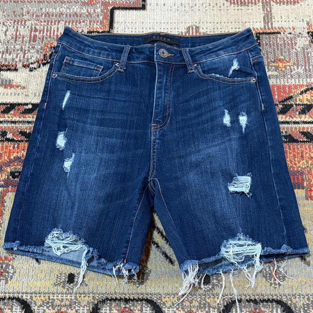 Risen Distressed Dark Indigo Denim Shorts - Women's